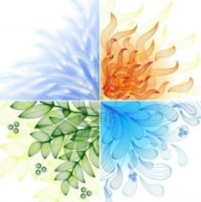 4 elements representés, la terre, le feu, l'air et l'eau